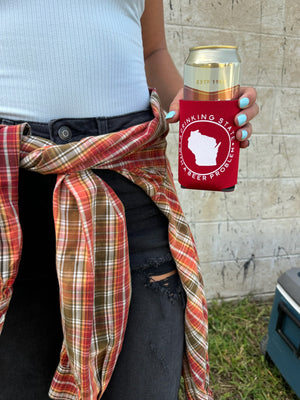 Red koozie with "A Drinking State with a Beer Problem" slogan, perfect for keeping drinks cold.