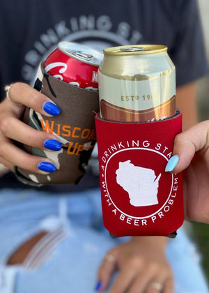 Red koozie with "A Drinking State with a Beer Problem" slogan, perfect for keeping drinks cold.