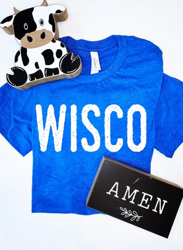 Blue t-shirt with 'WISCO' text, cow plush toy, and 'AMEN' sign on a white background