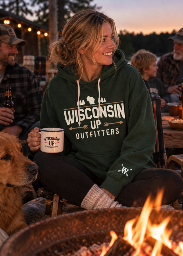 A woman sitting by a campfire at dusk wearing a dark green hoodie with 'WISCONSIN UP OUTFITTERS' printed in white across the chest. A golden retriever sits beside her, and other people and string lights are visible in the background.