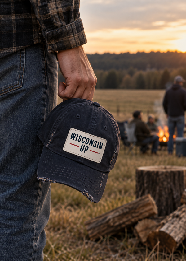 A person outdoors at sunset holds a navy baseball cap with a distressed patch reading “WISCONSIN UP.” The background shows a campfire scene in a field.