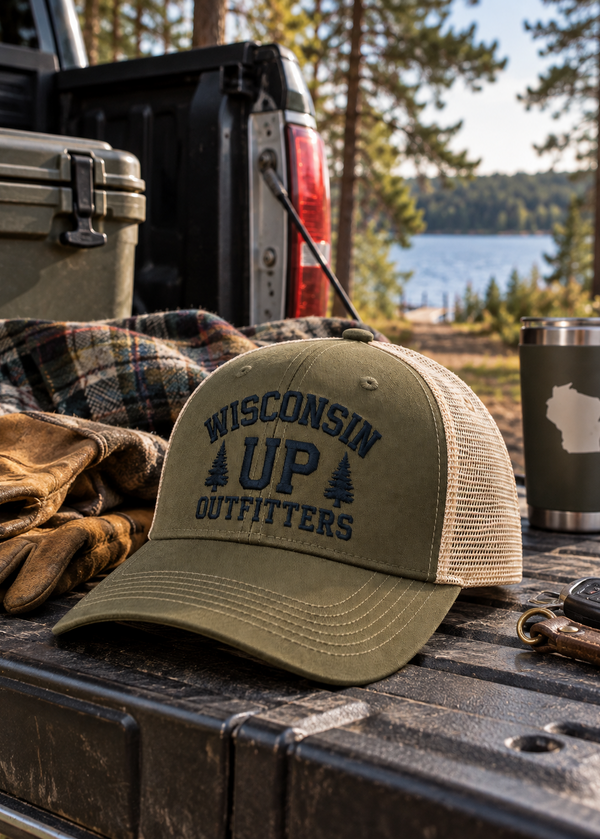 An olive green trucker hat with 'WISCONSIN UP OUTFITTERS' embroidered on the front, resting on the tailgate of a pickup truck outdoors near a lake and pine trees. A plaid blanket, leather gloves, a cooler, and a travel mug are also visible in the scene.