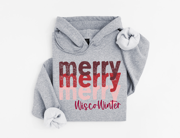 Gray hoodie with 'merry wisco winter' text on a white background