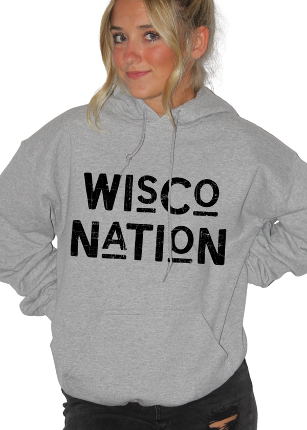 Person wearing a gray hoodie with 'WISCO NATION' text on a white background