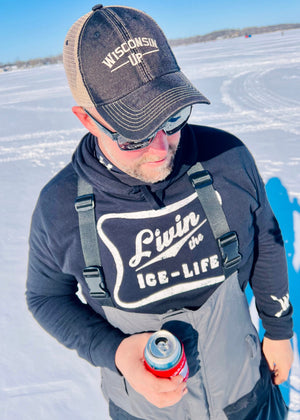 "Livin' the Ice Life" hoodie for winter enthusiasts, perfect for staying warm during cold-weather activities.