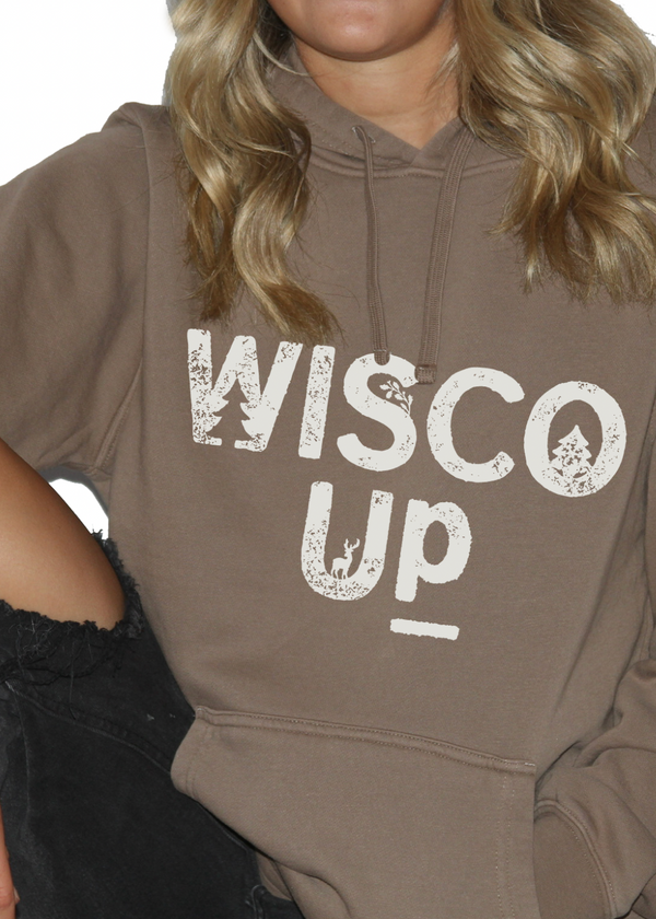 Brown hoodie with 'Wisco Up' text worn by a person