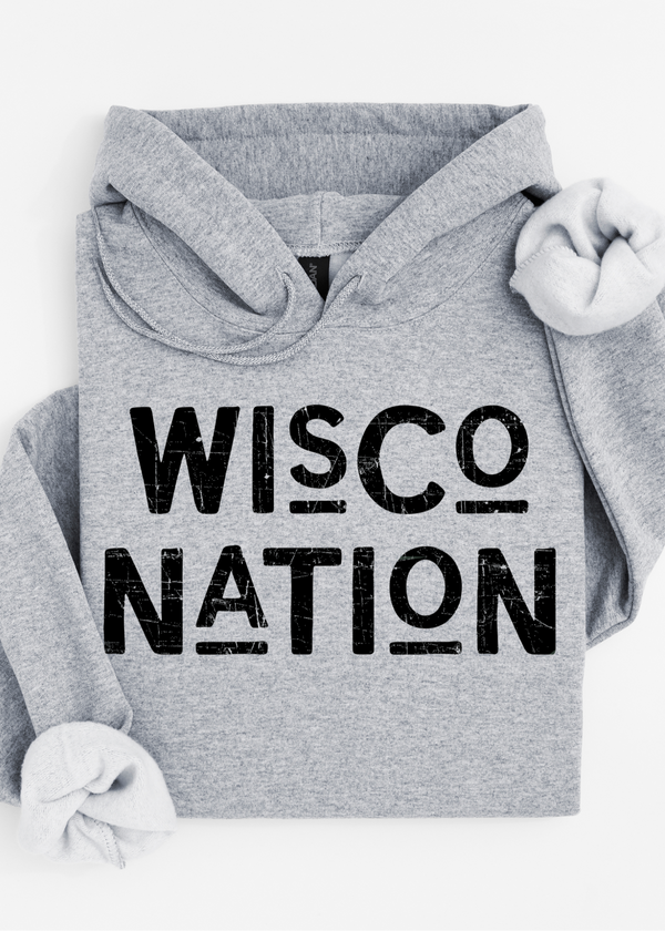 Gray hoodie with 'WISCO NATION' text on a white background