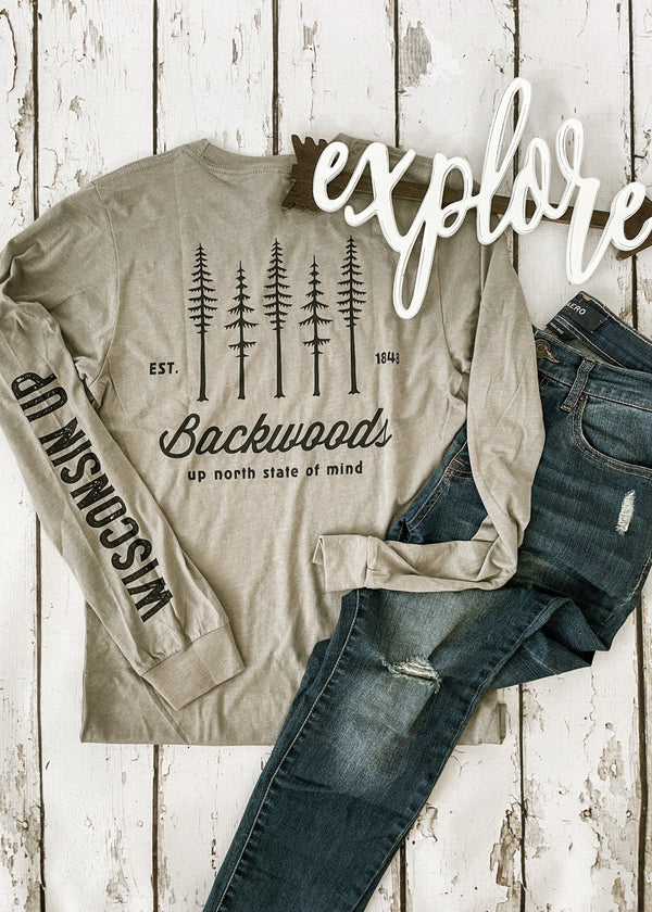 "Backwoods Up North State of Mind" long sleeve shirt, perfect for outdoor enthusiasts.