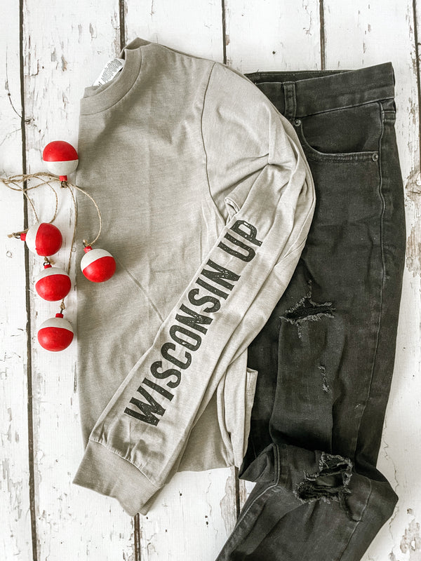 "Backwoods Up North State of Mind" long sleeve shirt, perfect for outdoor enthusiasts. Showcasing logo on sleeve.