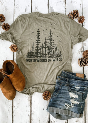 "Northwoods of Wisco" t-shirt celebrating the outdoor lifestyle and natural beauty of Wisconsin's Northwoods.