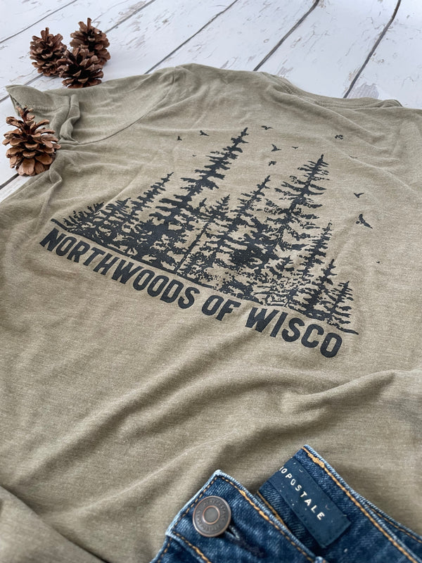 "Northwoods of Wisco" t-shirt celebrating the outdoor lifestyle and natural beauty of Wisconsin's Northwoods. Back view of shirt. 
