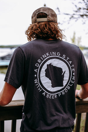 "Drinking State with a Beer Problem" shirt for Wisconsin beer lovers, featuring a fun, bold design. Back view on a male.