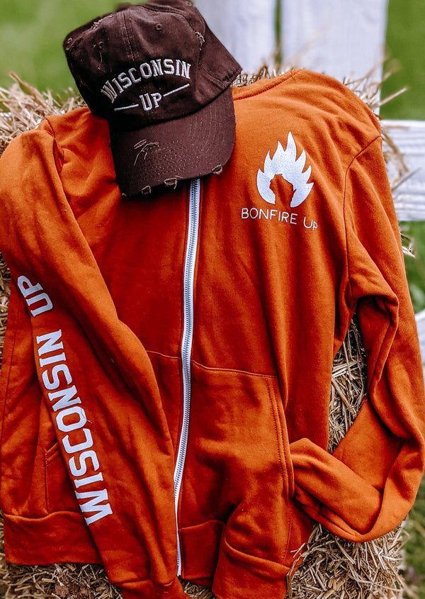 "Bonfire Up" zip-up hoodie, perfect for staying warm during outdoor adventures and bonfire nights.