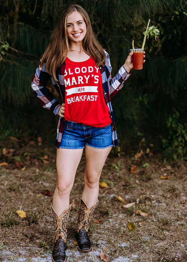 "Bloody Marys Are Breakfast" racerback tank for cocktail and brunch lovers. Paired with a flannel.
