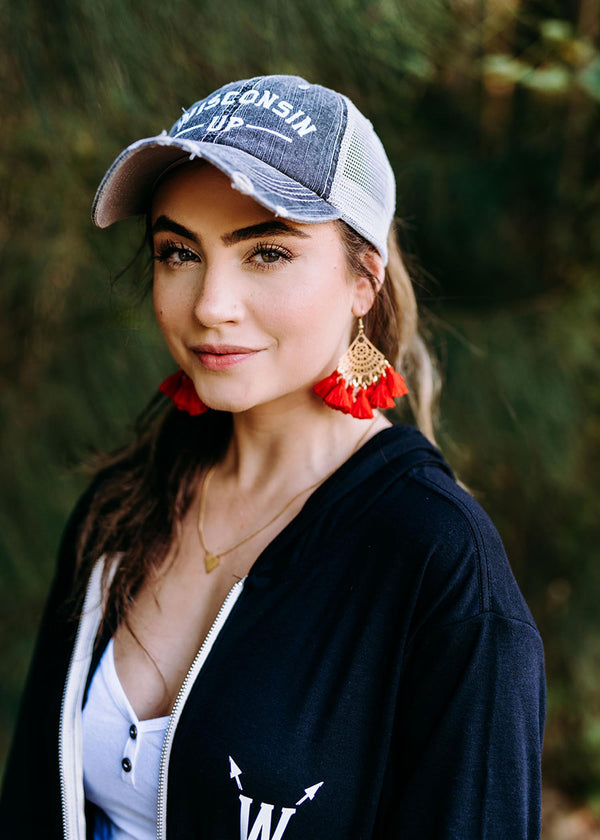 Wisconsin Up - Black Distressed Ponytail Hat