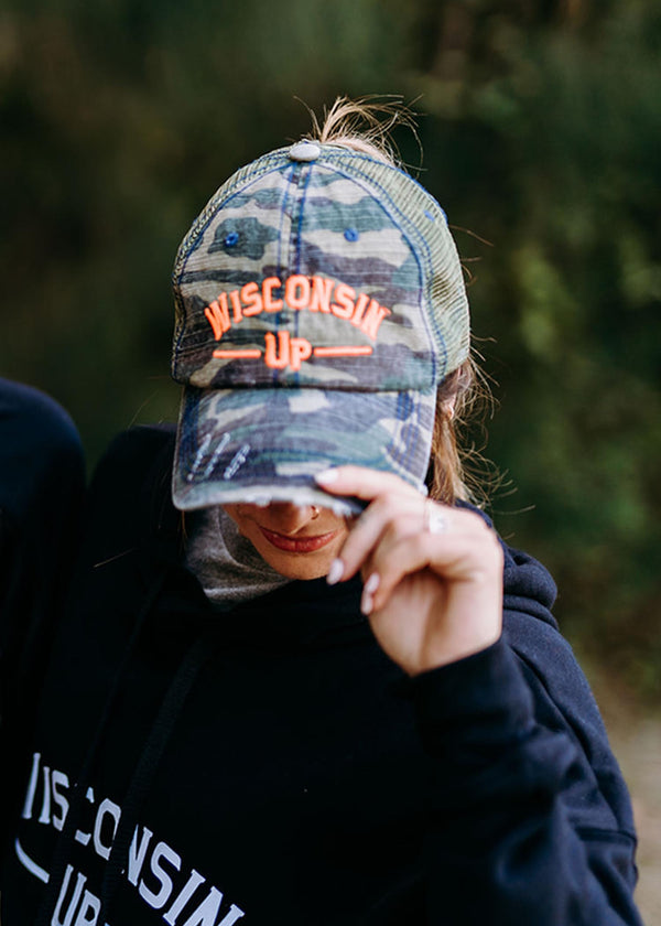 Wisconsin Up - Camo Distressed Ponytail Hat